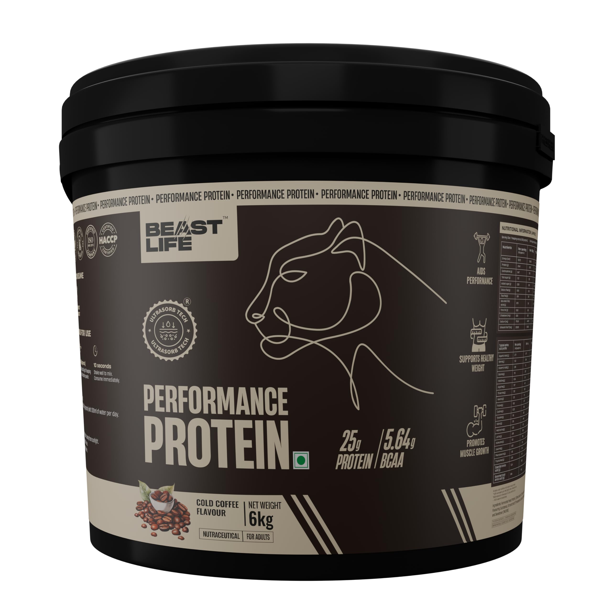 BeastLife Performance Yeast Protein Powder | 25g Protein | Cold Coffee |NABL Lab Certified | High Absorption for Muscle Growth |Smooth & Light, Easy to Digest with Ultrasorb Tech|5.64g BCAA | Best For Gut | Beta Glucan | Improves Immune Function | 6 Kg