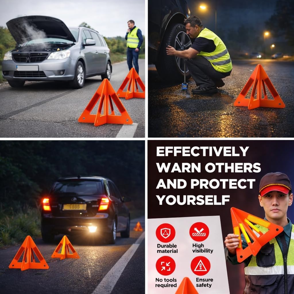 Safety Triangles for Vehicles, 6 Set Emergency Warning Reflective Triangles, Modular Two-Piece Design, High Visibility Roadside Safety Triangles for Car, Truck, SUV