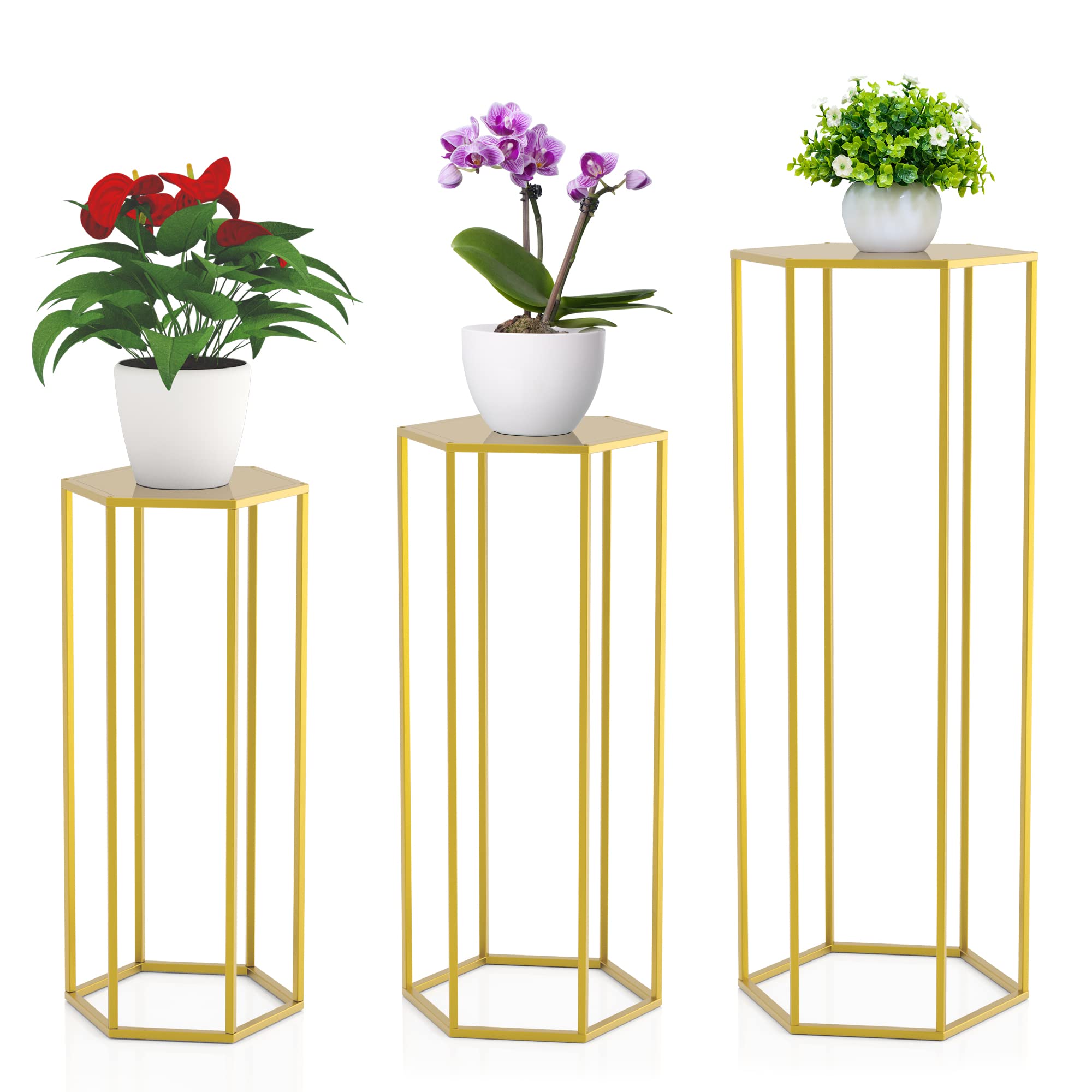 Mugiden Metal Plant Stand Set of 3 Hexagon Pedestal Stand Tall Nesting
