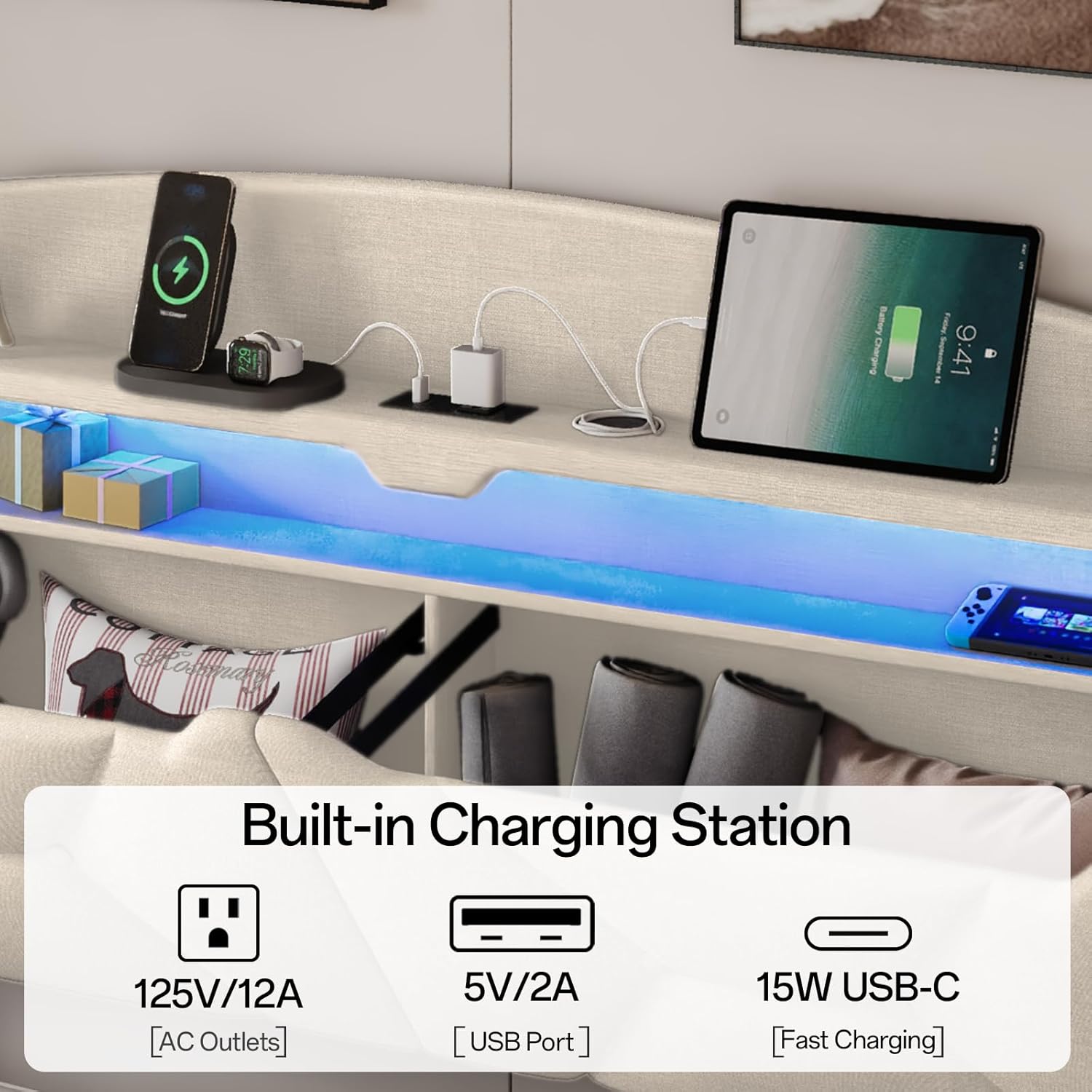 Full Size Bed Frame, Full Bed Frame with Storage Drawers, Upholstered Bed Full Size with Charging Station and LED Lights, Easy Assembly, Beige