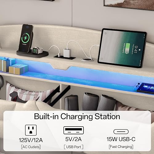 Miniatura 5 de Base de cama de tamaño matrimonial, marco de cama matrimonial con cajones de almacenamiento, marco de cama tapizado tamaño matrimonial con estación