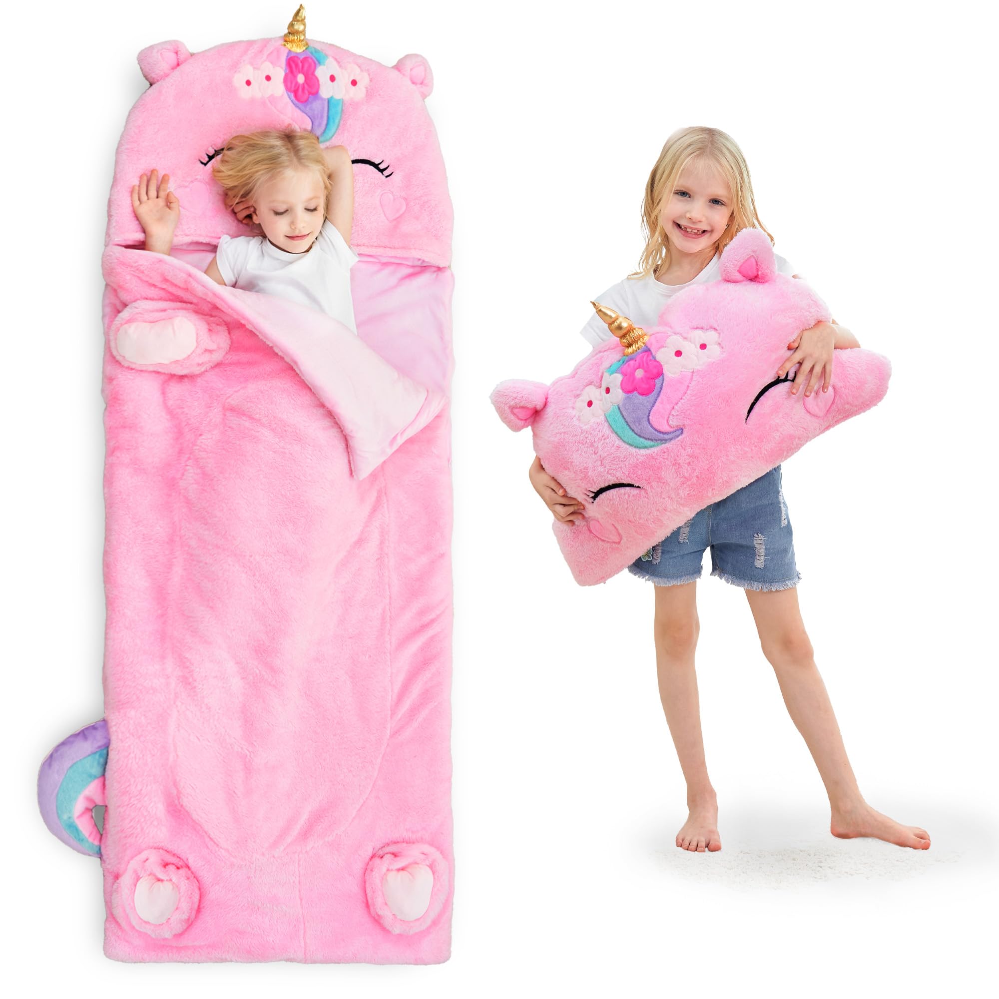 iplay ilearn kids unicorn sleeping bag toddler girl nap mat plush animal slumber bag 2 in 1 pink pillow daycare preschool kindergarten birthday gift travel sleepover 3 4 5 6 7 8 10 12 yr child teen