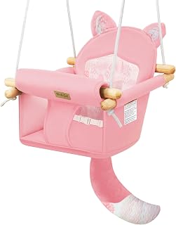 Wooden Baby Swing with Safety Belt - Adjustable Infant & Toddler Swings for Indoor/Outdoor Use, Includes Mounting Hardware (Fox Design, Pink)