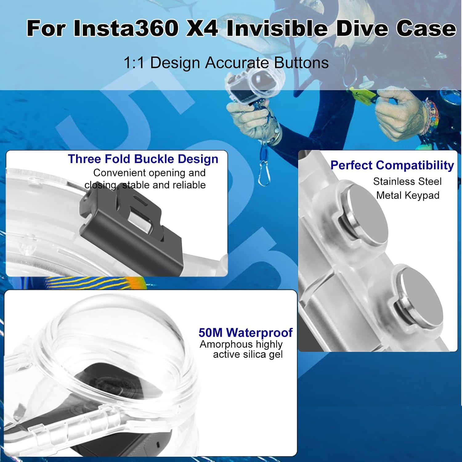 PULUZ 164ft / 50m Waterproof Diving Case for Insta360 X4 Invisible Dive Case Underwater Sealed Case 5H Hardness 95% Transmittance 360-degree Invisibility Protective Shell with Bracket Accessories