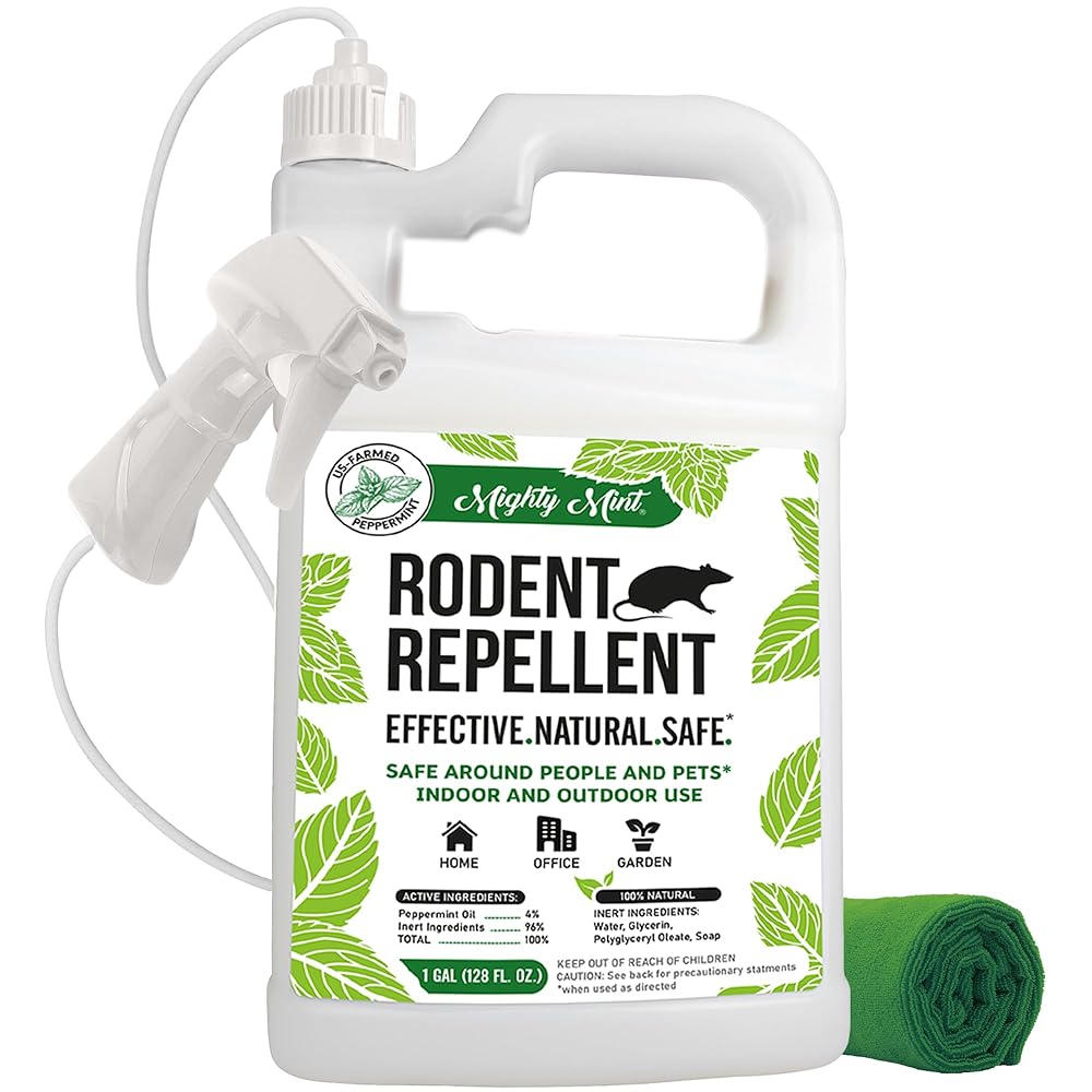 Mighty Mint Peppermint Oil Rodent Repellent Spray with Microfiber Cloth - Natural Indoor & Outdoor Control for Mice and Rats - Plant-Based, Extra-Strong Formula - 1 Gallon (128 oz)