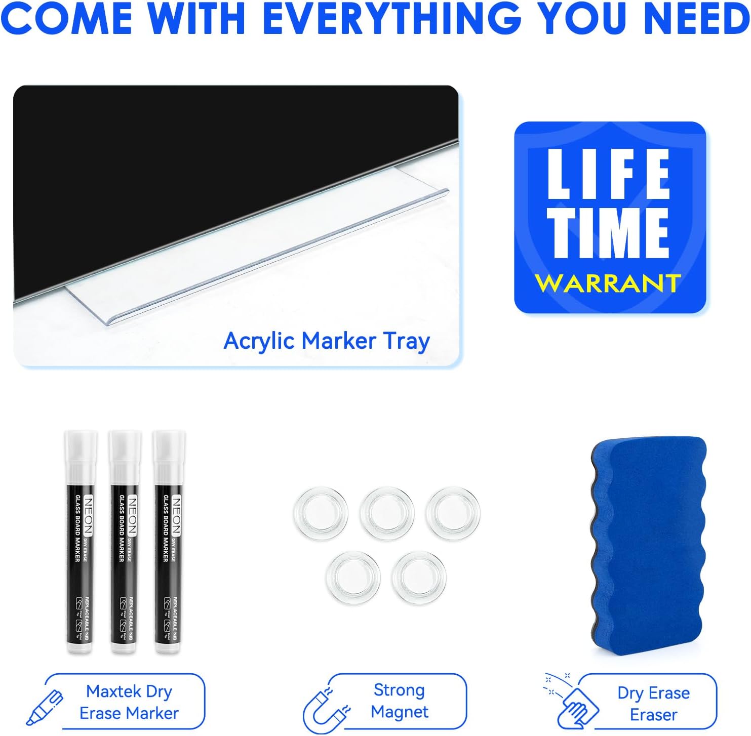 maxtek Black Dry Erase Board 48" x 36", Black Whiteboard Glass Frameless, Large Magnetic Glass White Board for Office School