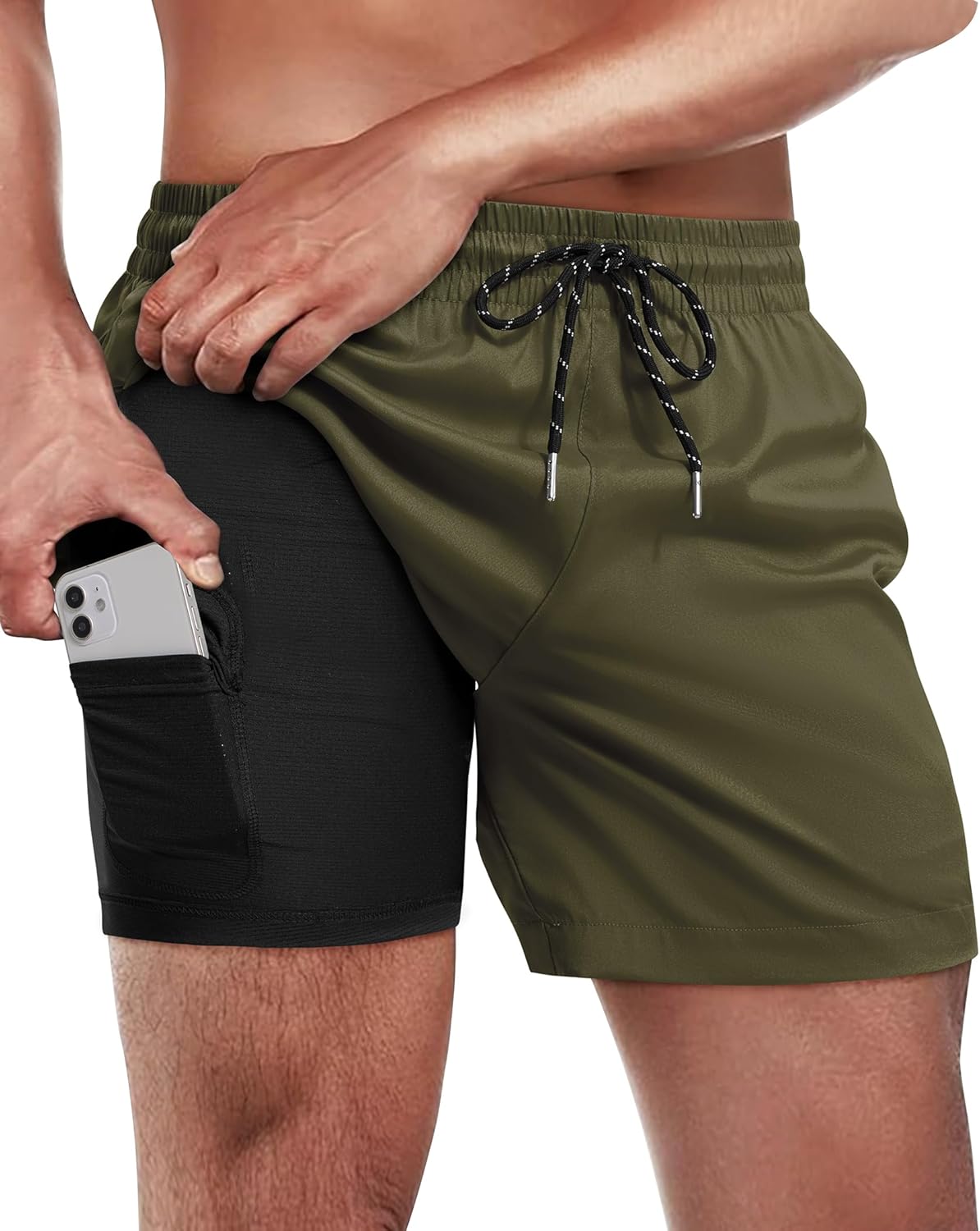 5inch Mens Swim Trunks: 2 in 1 with Compression Liner Lined Soft Stretch Quick Dry Solid Pockets Drawstring Beach