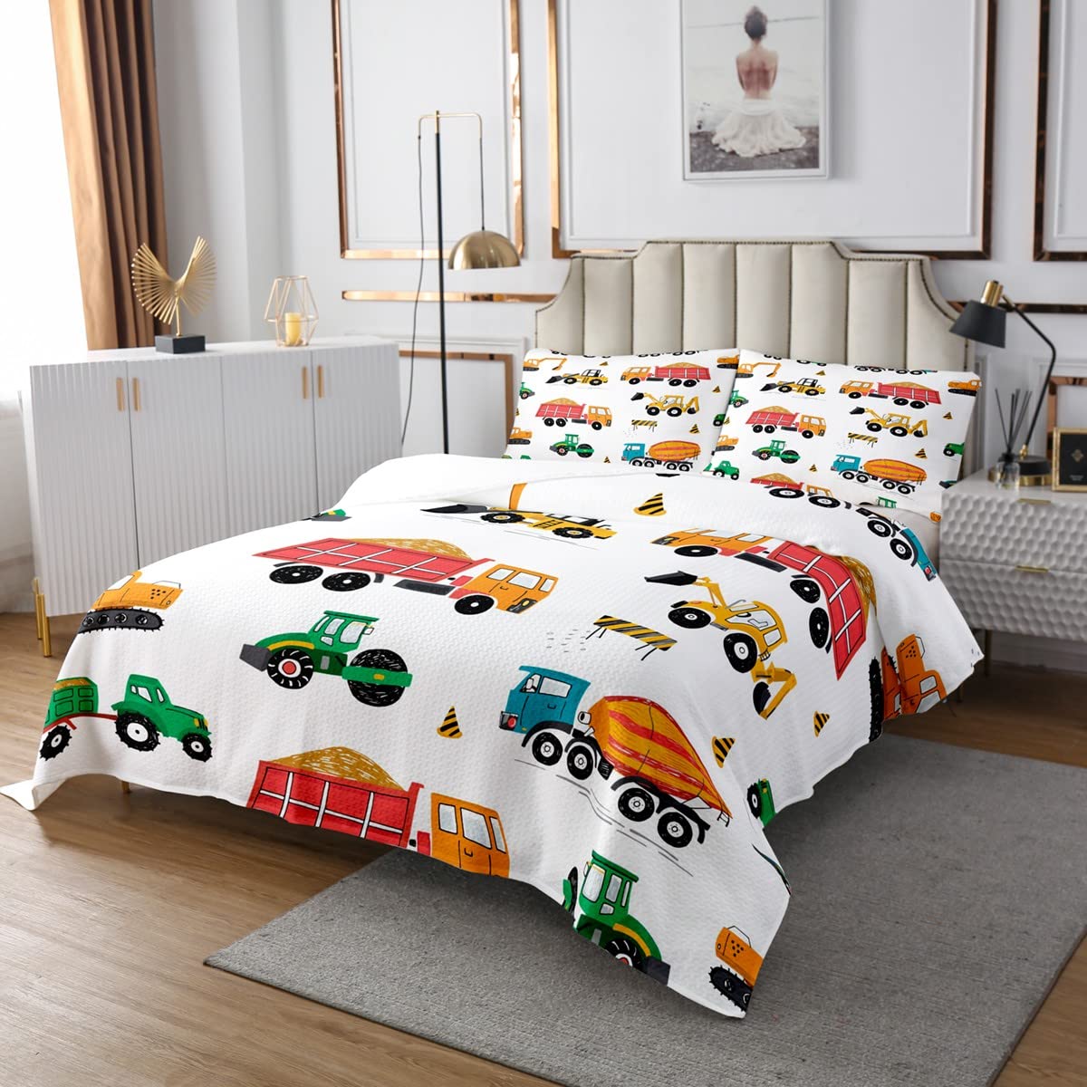 Homemissing Copriletto trapuntato per bambini, ragazzi, ragazze, trapuntato, per camioncini, set di copertine per auto, escavatore, trattore, verde, arancione, trapuntato, singolo, 2 pezzi
