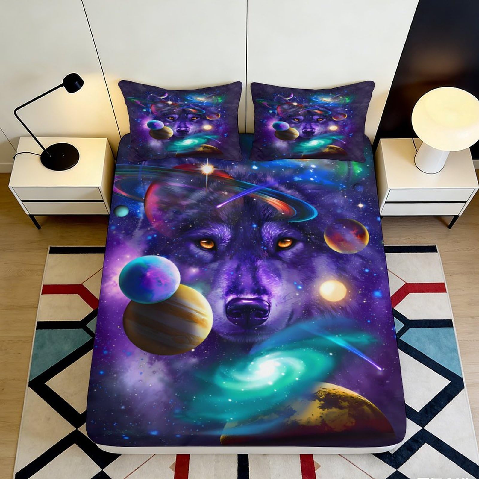 3D Printed Galaxy Wolf Fitted Sheet Microfiber Soft Breathable Cosmic Planet Mattress Cover for Bedroom Dorm Decor 90x200x25cm