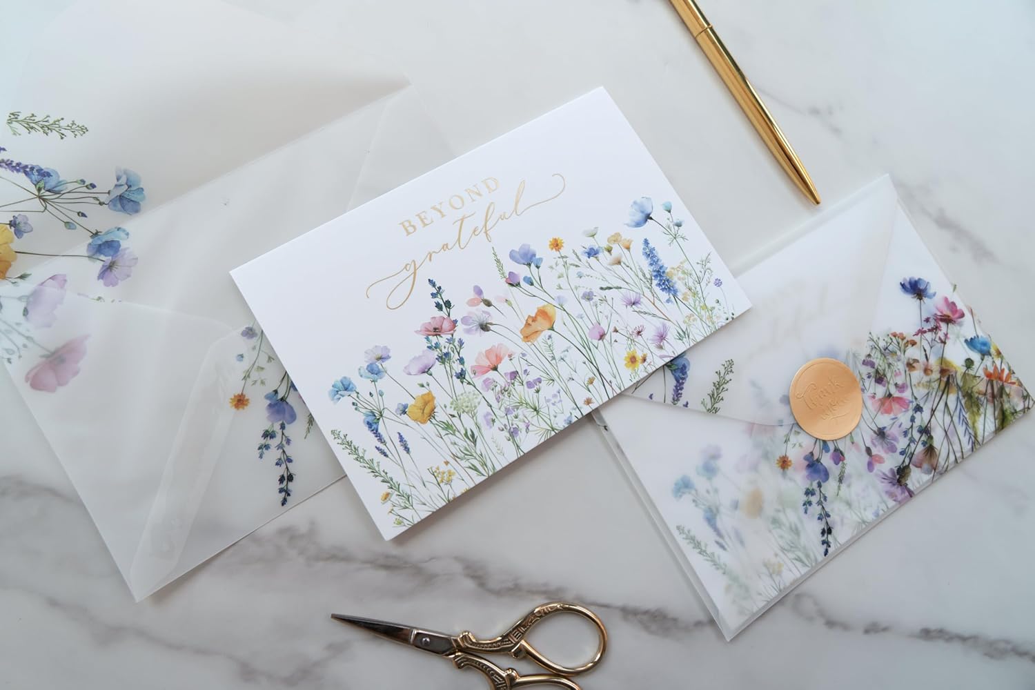 Gooji 4x6 Meadow Bloom Beyond Grateful Floral Thank You Cards, Bridal Shower, Wedding, Baby Shower, Birthday, Small Business (Bulk 20 Pack) Vellum Envelopes - Image 9