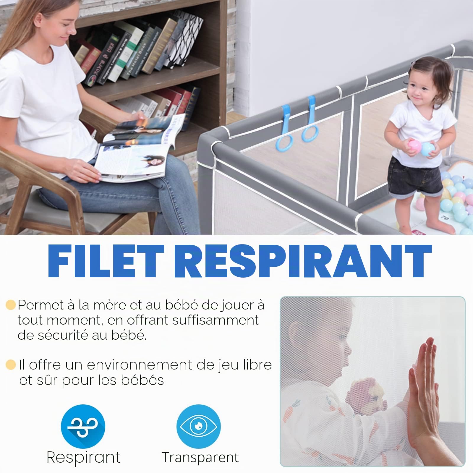 ACXIN Parc pour bébé - 150 x 180 x 68 cm - Avec base antidérapante et filet respirant - Grille de barrière stable - Centre d'activité pour enfants - Gris