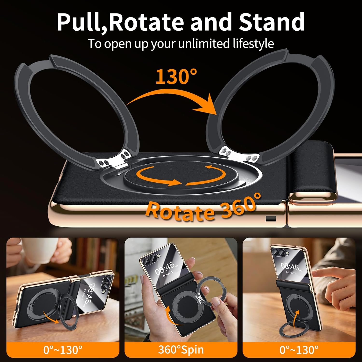 for Galaxy Z Flip 7 Case Luxury Leather with Screen Protector [Hinge Protection],Fit for Magsafe,Magnetic Kickstand & Ring Holder for Samsung Z Flip 7 Case Black