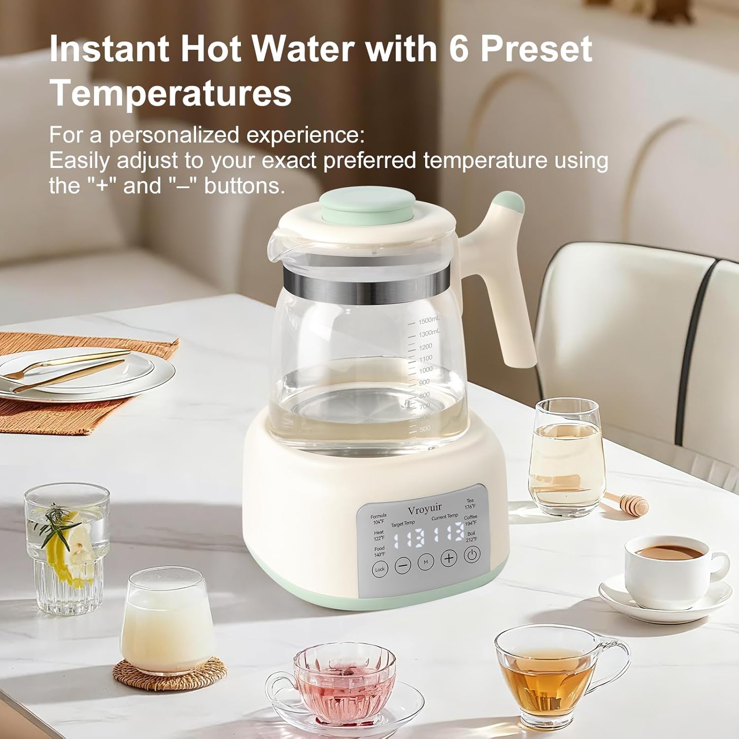 Instant Baby Water Warmer and Formula Dispenser, 1.5L Detachable Glass Tank with 6-Temp Settings, 72H Keep-Warm & Night Light, Universal for All Baby Bottles - Image 3