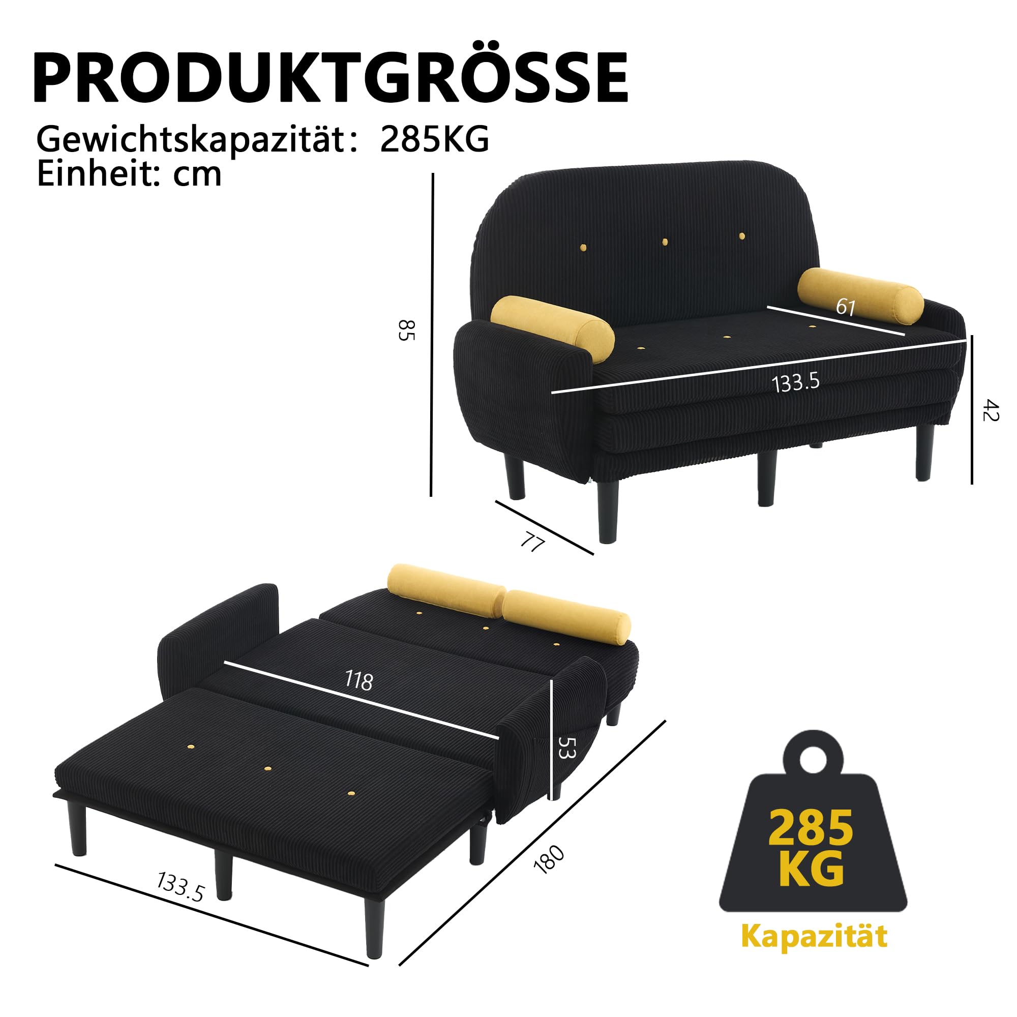 2-Sitzer Sofa mit Rückenlehne verstellbar, Samt-Cord Stoff, Schlafsessel mit Stauraum, für Wohnzimmer, Schlafzimmer, Gästezimmer