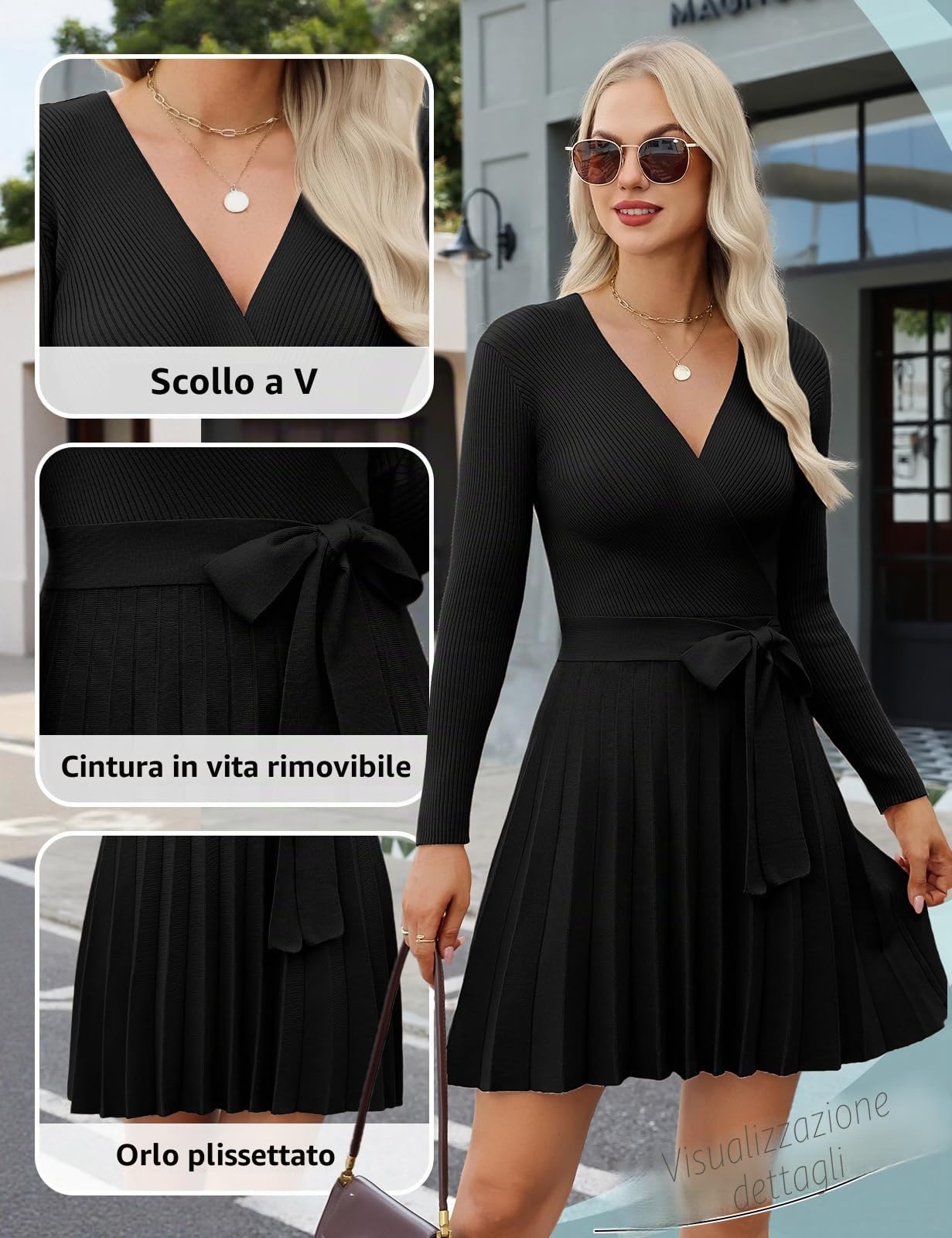 Vestito Donna Invernale Elegante Maglione Vestiti Maniche Lunghe Maglia Scollo a V Abito Elasticizzato Casual Tubino Lavorato Abiti Autunno Inverno