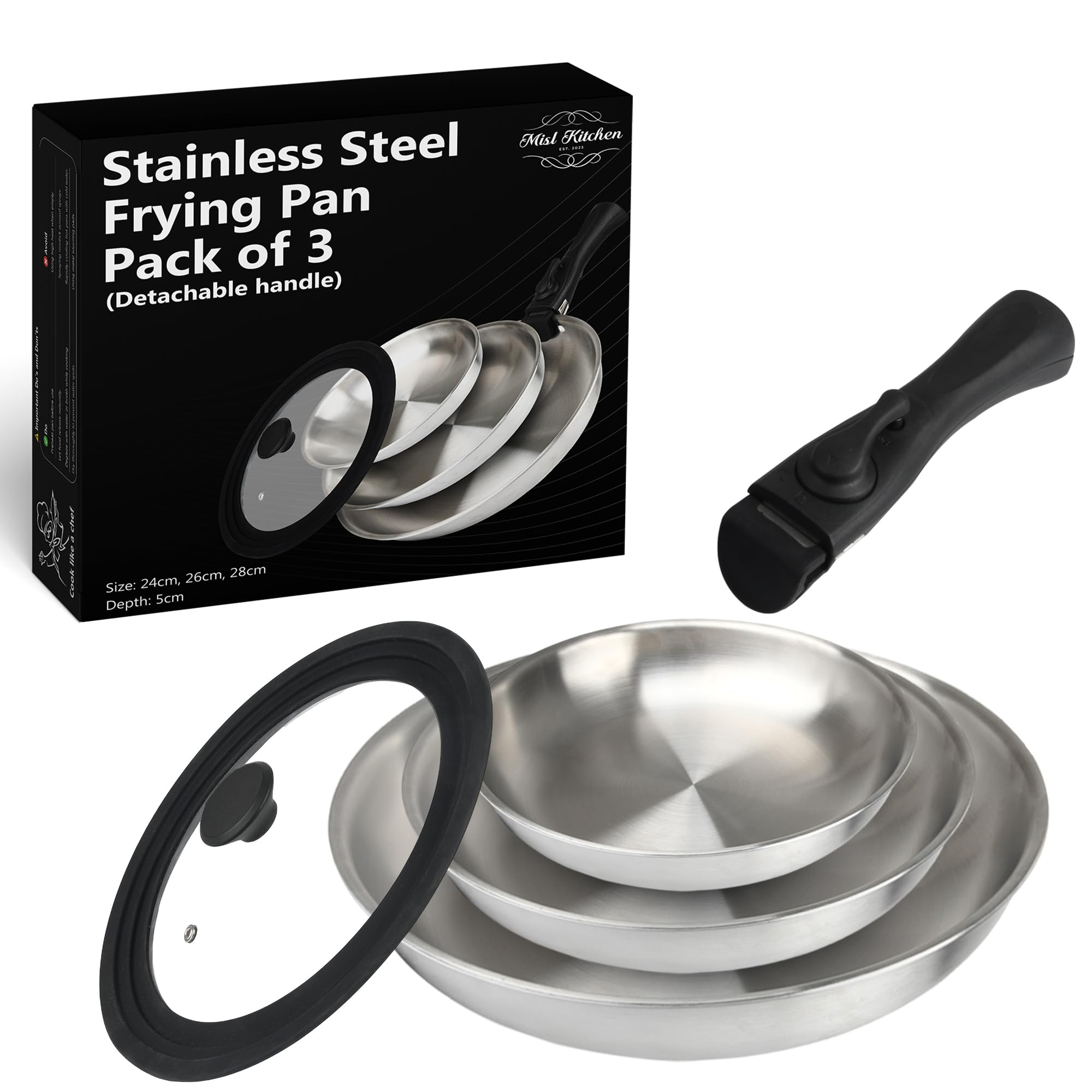 Padella in acciaio inox con coperchio con manico staccabile - Coperchio universale per padelle a induzione a 3 strati da 24/26/28 cm - Adatta al forno - Pentole da cucina compatte