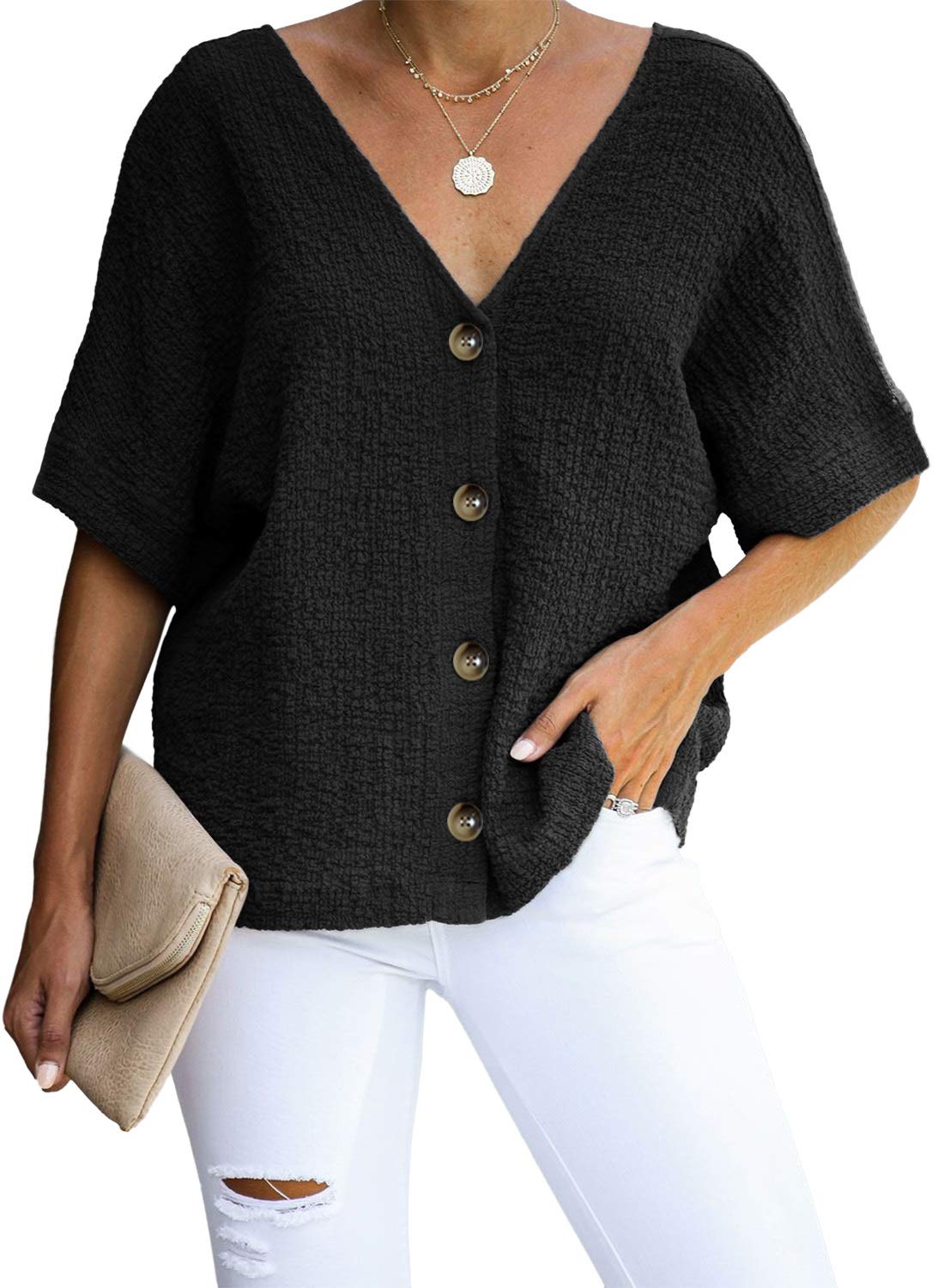 Womens Button V Neck Front and Back Short Sleeve Loose Casual Blouse Shirt Tops