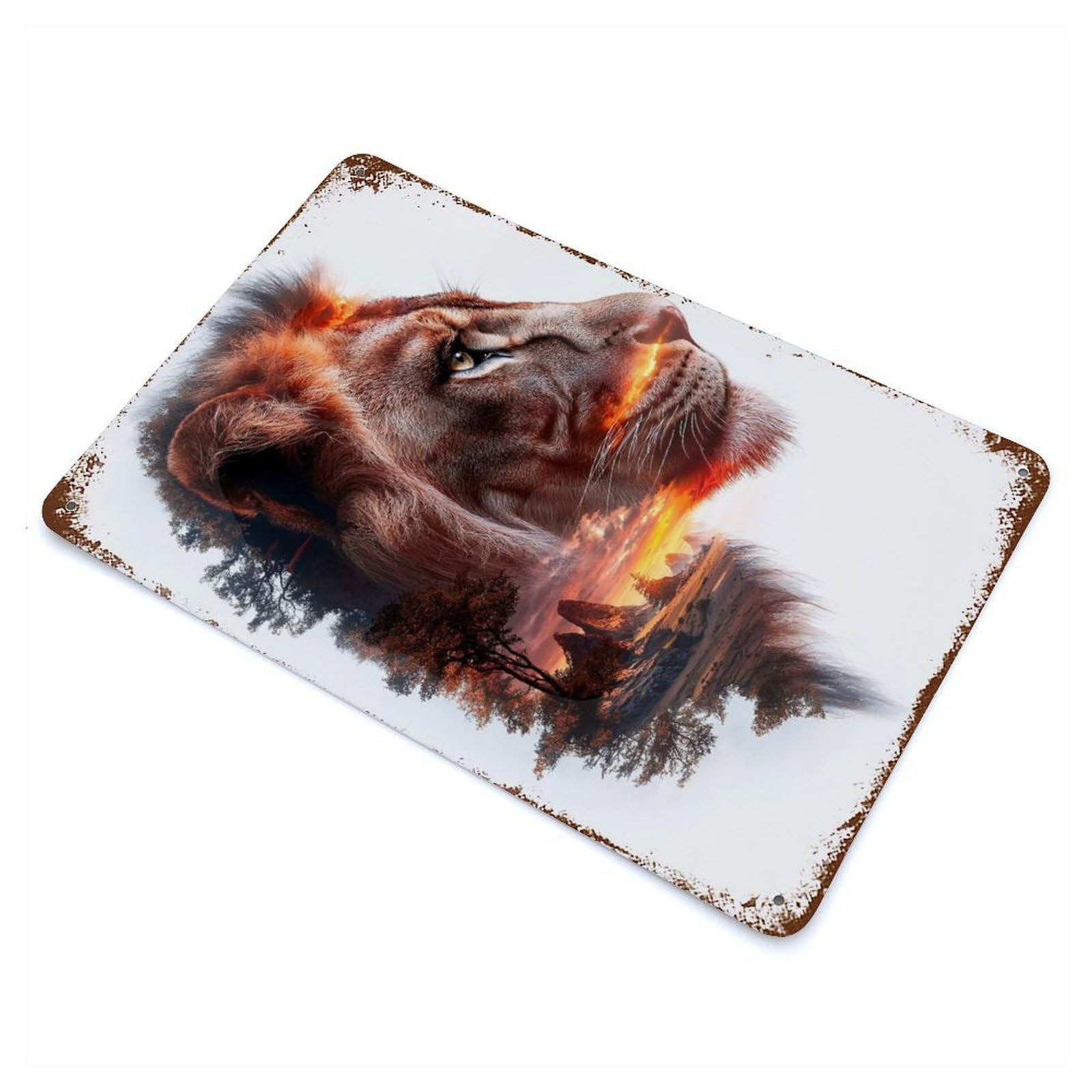 Garage Style Lion Sunset Double Exposure Rustic Tin Plaque 11.8"x7.9", Classic Wall Plaque for Bar And Workshop