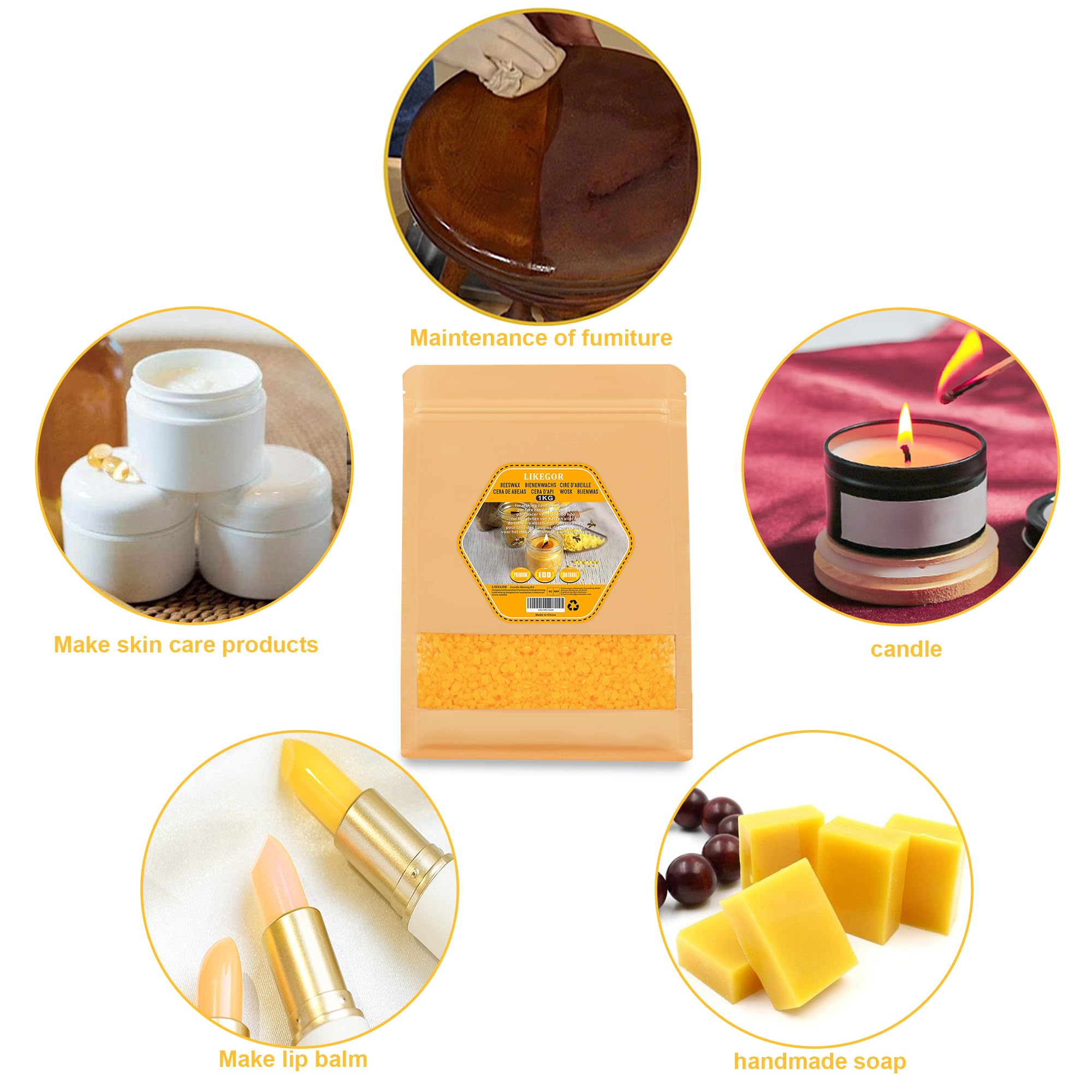 Aslanka Cera d'api di Alta qualità, 1kg di cera d'api naturale, ideale per cosmetici naturali, salviette di cera d'api o cera di candela, imballaggio durevole