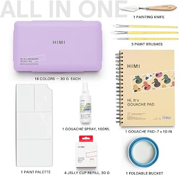 HIMI Deluxe 18 Colors Jelly Gouache Paint Gift Set Complete Art Kit with Pad, Spray, Palette, Brushes, Painting Knife, Foldable Bucket & Refills for Beginners, Students & Artists (Purple)