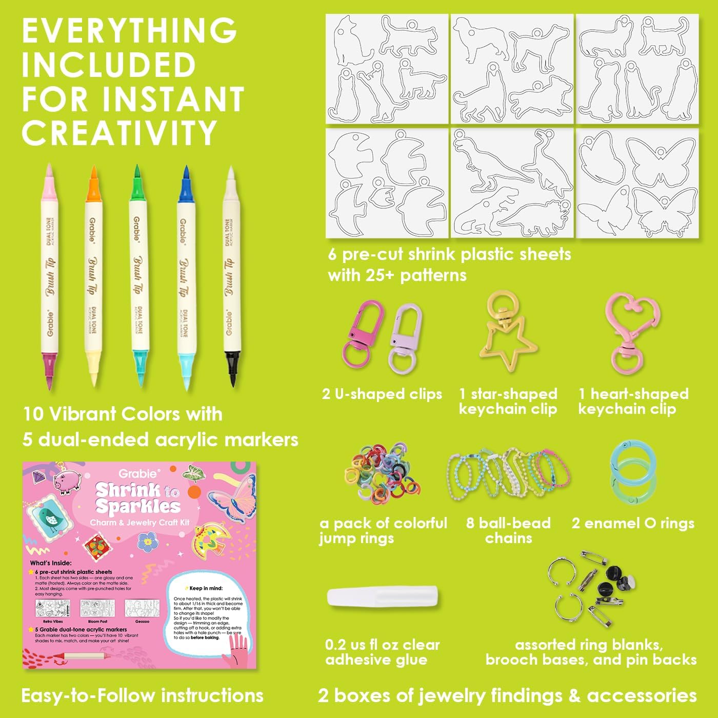 Grabie DIY Shrink Art Craft Kit Jewelry Making Kit for Kids Adults, 25+ Pre-Cut Shapes, 5 Dual-Tip Markers, Custom Charms, Pins, Rings, Keychains (GeoZoo - Creative Freedom)