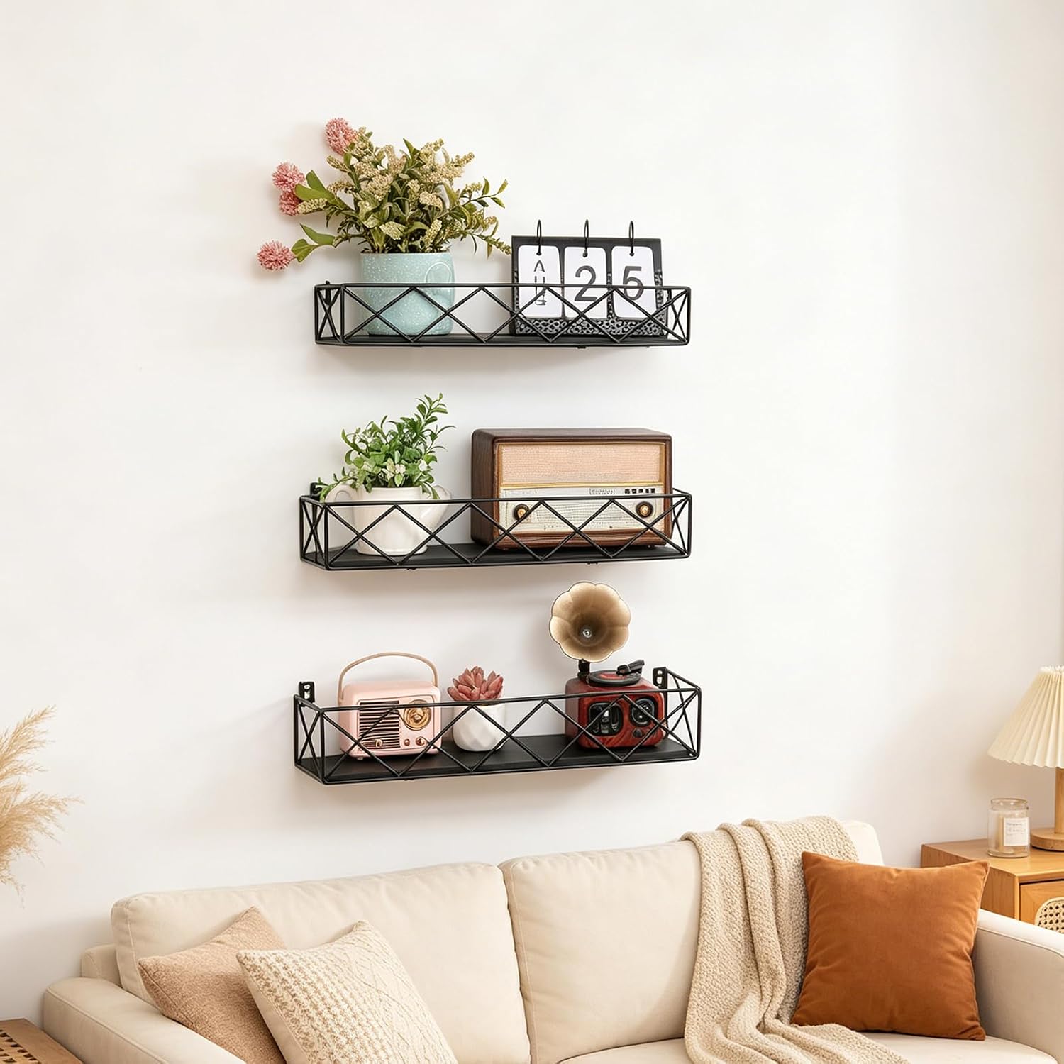 Floating Shelves Set of 3,Wall Mounted Shelf with Metal Frame,Hanging Shelves for Home Storage Decor,Rustic Wood Wall Shelf for Bedroom, Living Room, Bathroom, Kitchen,Black