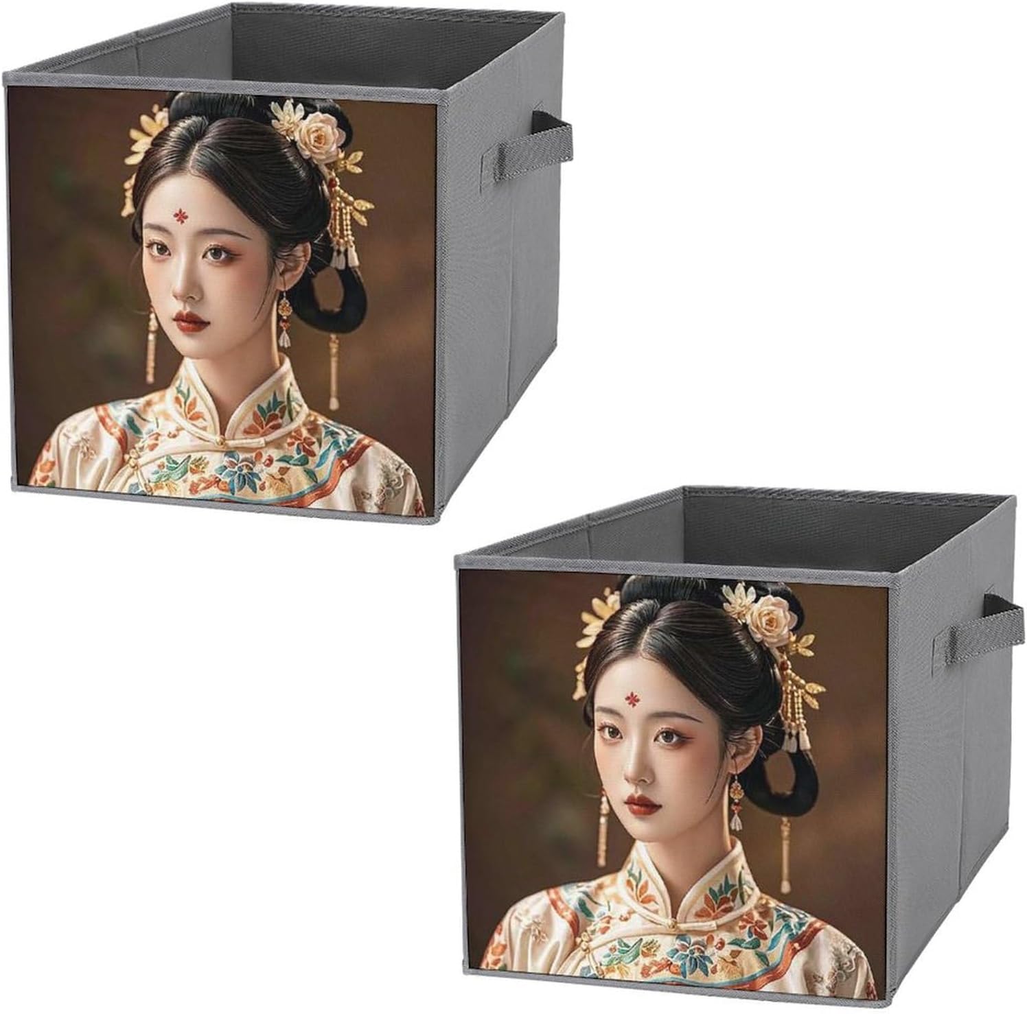 Oriental Beauty Foldable Storage Box with Handles, Durable Oxford Storage Cubes, 2PCS Collapsible Closet Organizer for Home, Shelf, Office, Travel