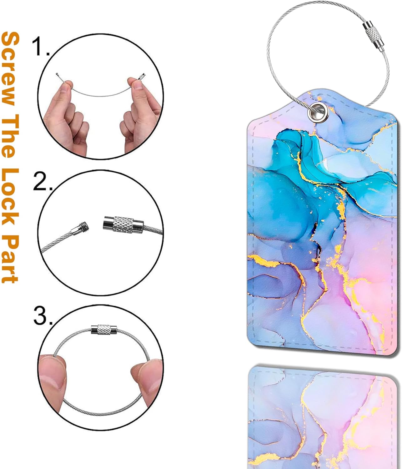 2 Pack Luggage Tag for Suitcase, Cute Unique Leather Bag Tags Identifiers Privacy Cover ID Label with Durable Steel Loop for Women Men Kids Girls Travel，Marble Blue image 2 of 6 B0C7L9SHH9