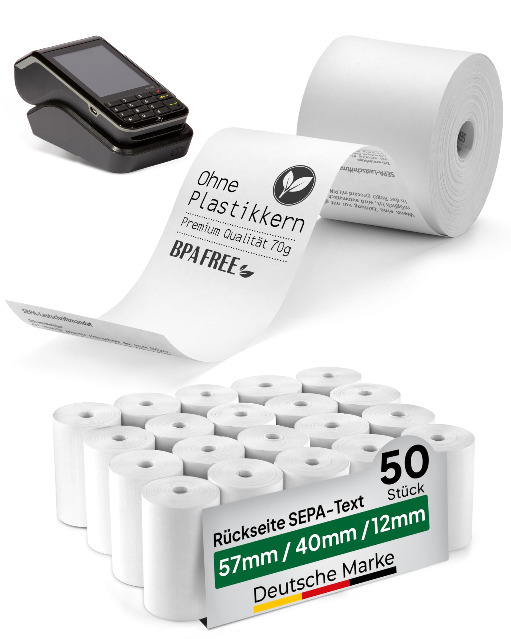 Coreless 50× EC-Thermorollen 57 mm × 40 m – SEPA-Aufdruck, kernlose Kassenrollen ohne Plastik – passend für gängige EC-Kartenterminals (z. B. Ingenico, Verifone, CCV, SumUp)