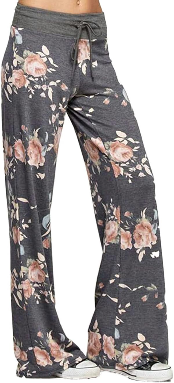 Women's Casual Floral Print Drawstring Wide Leg High Waist Pants