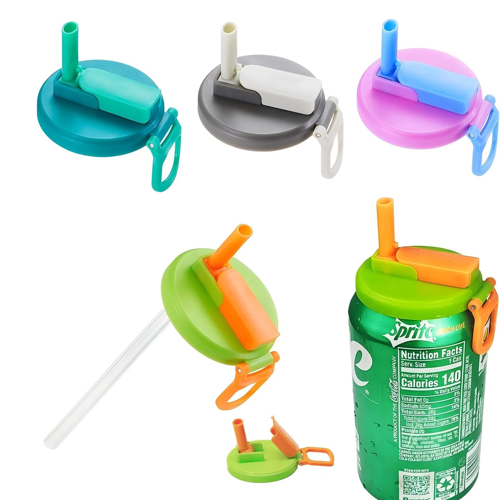 Soda Can Lids with Silicone Straws – Reusable Can Covers for Standard Soda, Beer & Juice Cans (Purple, Gray, Blue, Green)