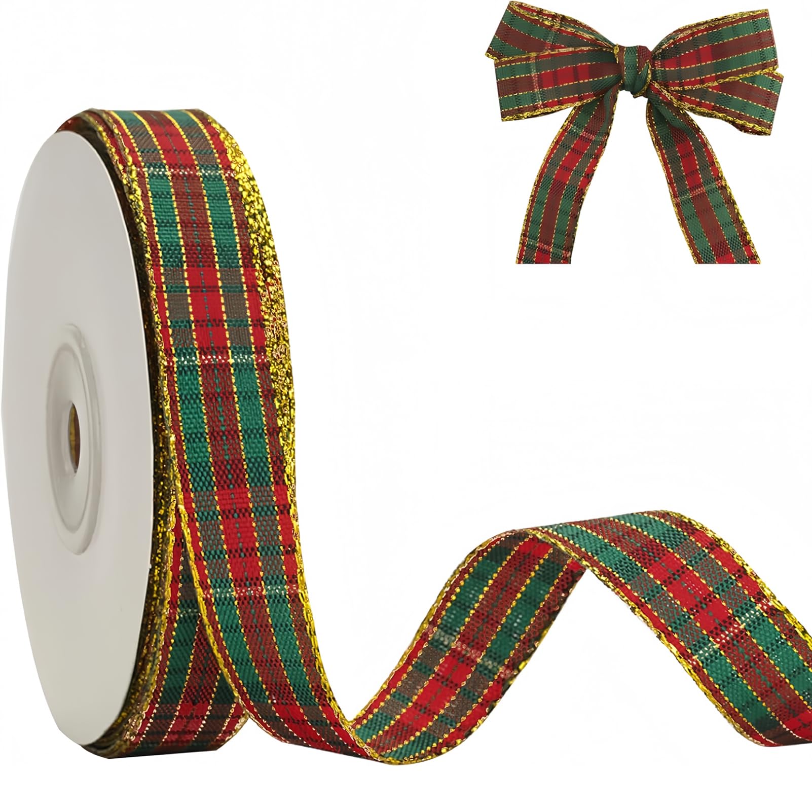 Christmas Plaid Ribbon, 15mm x 25 Yards Red Green Gold Tartan Ribbon for Gift Wrapping Crafts Wreath Bows