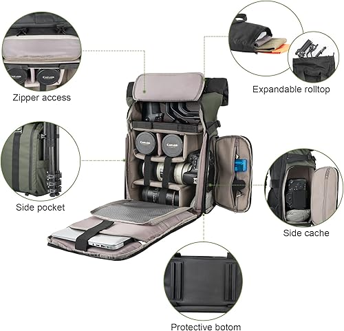 Miniatura 4 de Besnfoto Mochila para cámara impermeable, bolsa de fotografía enrollable para cámara DSLR SLR sin espejo con compartimento para portátil, Verde,