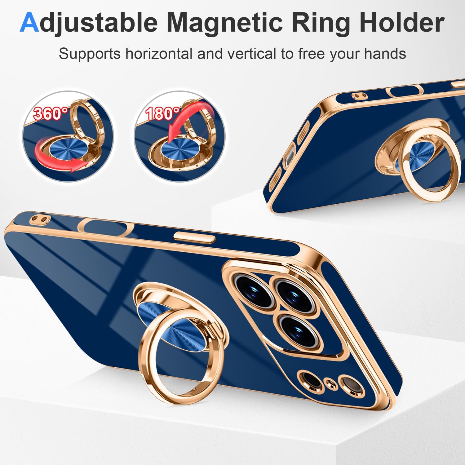 Tnarru Designed for iPhone 17 Pro Max Case with Ring Stand, 360° Rotatable Holder Support Magnetic Car Mount Soft TPU Plating with Full-Covered Lens Protection Phone Case for iPhone 17 Pro Max Blue - Image 2