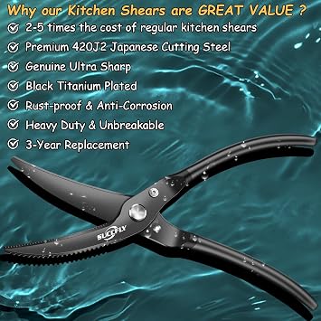 SUCCFLY Heavy Duty Poultry Shears Spring Loaded Titanium Plated 10.3 Black | Premium Kitchen Shears, Ultra Sharp 420J2 Blade, Anti-Slip Handle, Safety Latch, Food Cooking Scissors for Meat Chicken Bone