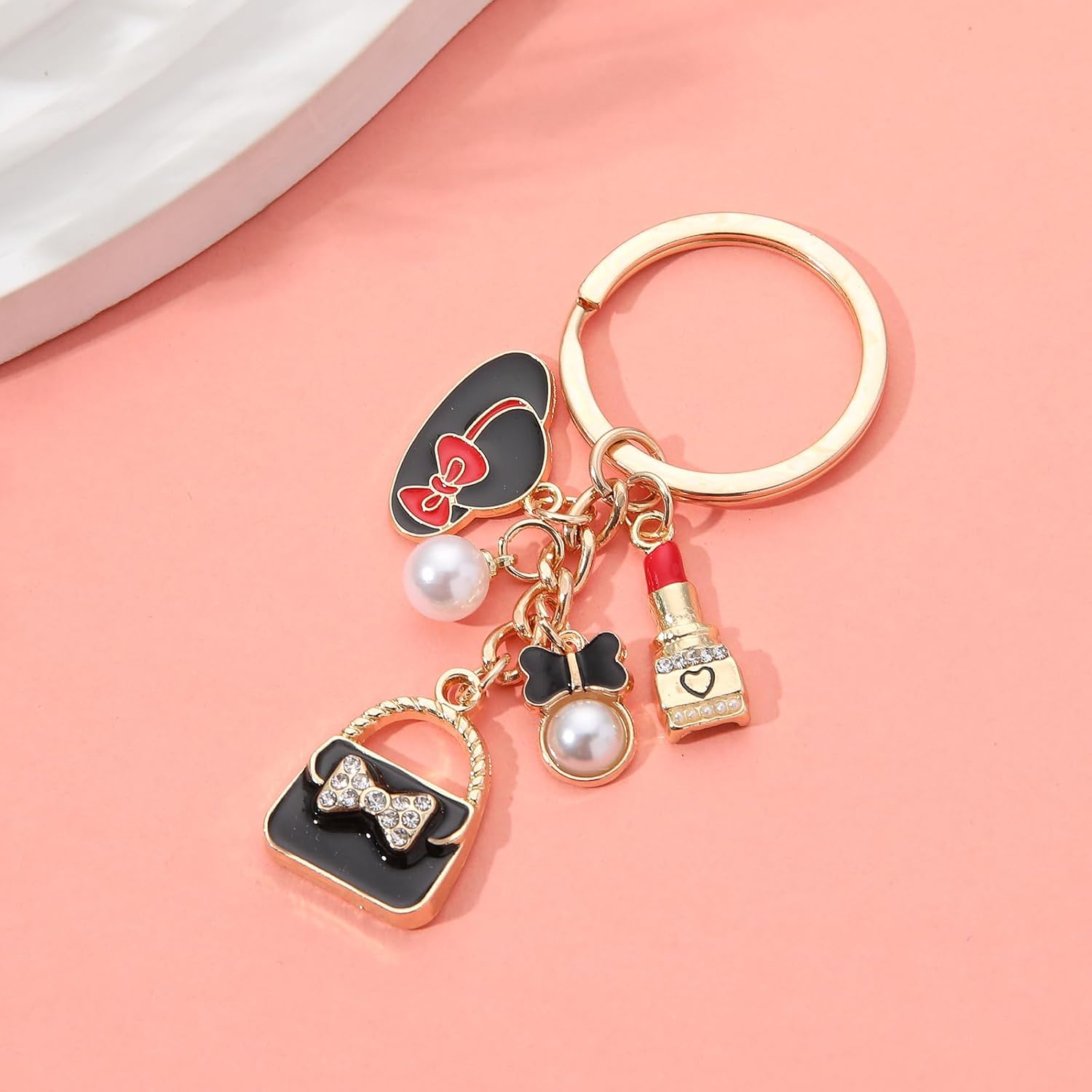 PHAETON 10PCS Keychains with Hat, Lipstick, Pearl, Bow, Handbag Pedant for Women Enthusiast Keychain Set Makeup Lovers Gift Cosmeticians Gift Make up Decoration Favor - Image 6