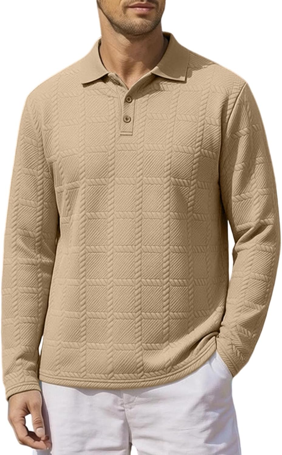 Men Long Sleeve Polo Shirts Button Front Loose Fit Collared Blouses Breathable Casual Work Office Pullover Tops