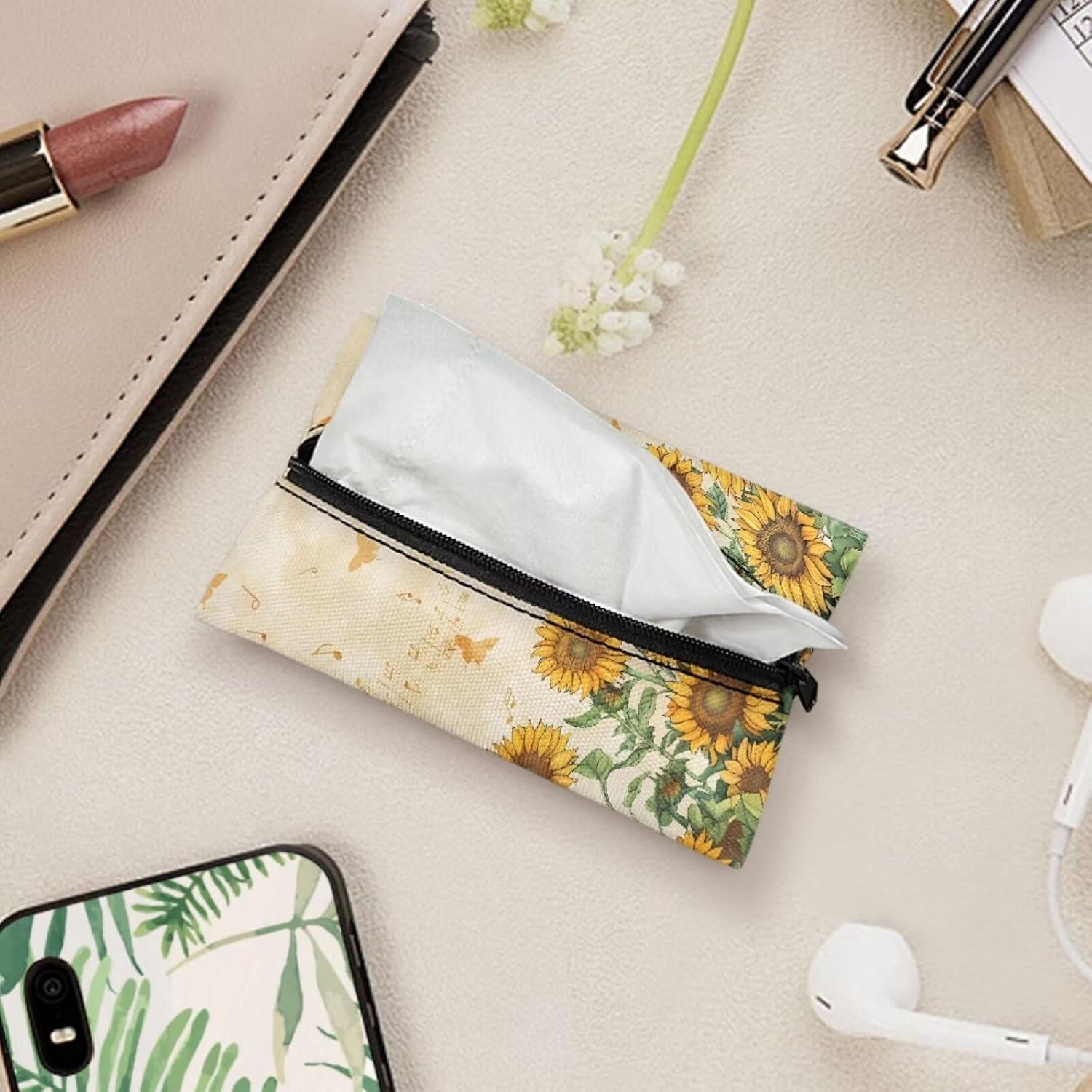 Binienty Sunflower 1 Piece Tissues Purse Pocket Music Notes Print Travel Tissue Holder 5.2 x 3.2 in Reusable Tissue Pouch Fabric Zipper Enclosed Small Purse for Coins Lipstick, Keys, Id Cards