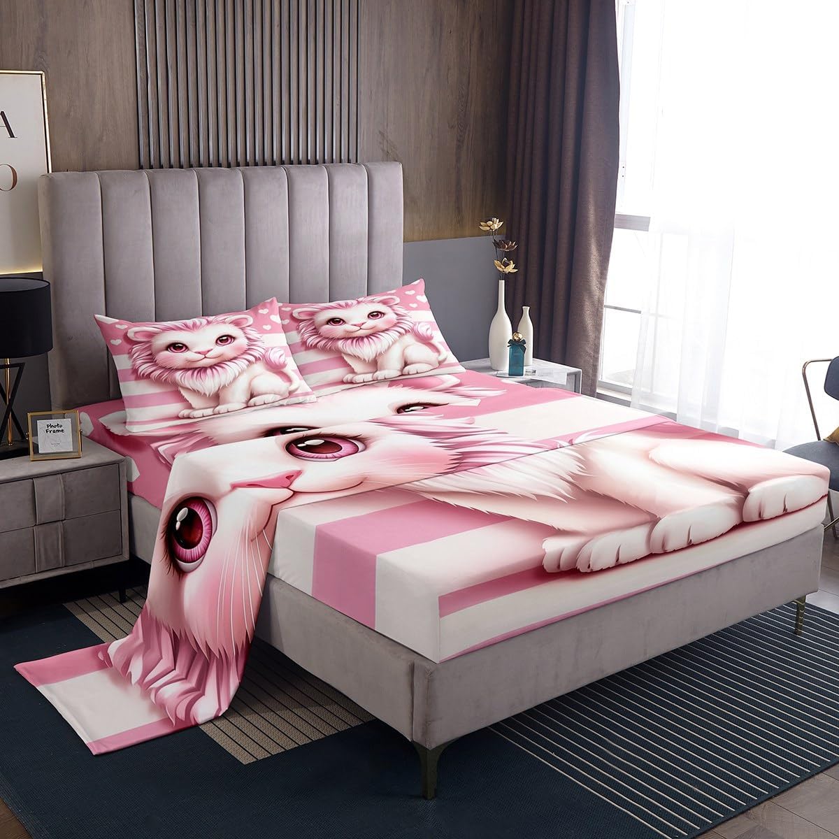 Cartoon Fox Fitted Sheet Set Full Size 4 Pcs,Cute Animal Teens Sheets,Pink Bowknot Geometric Stripes Bedding Sets (1 Fitted,1 Flat,2 Pillowcases) Luxury Deep Pocket Bed Sheets