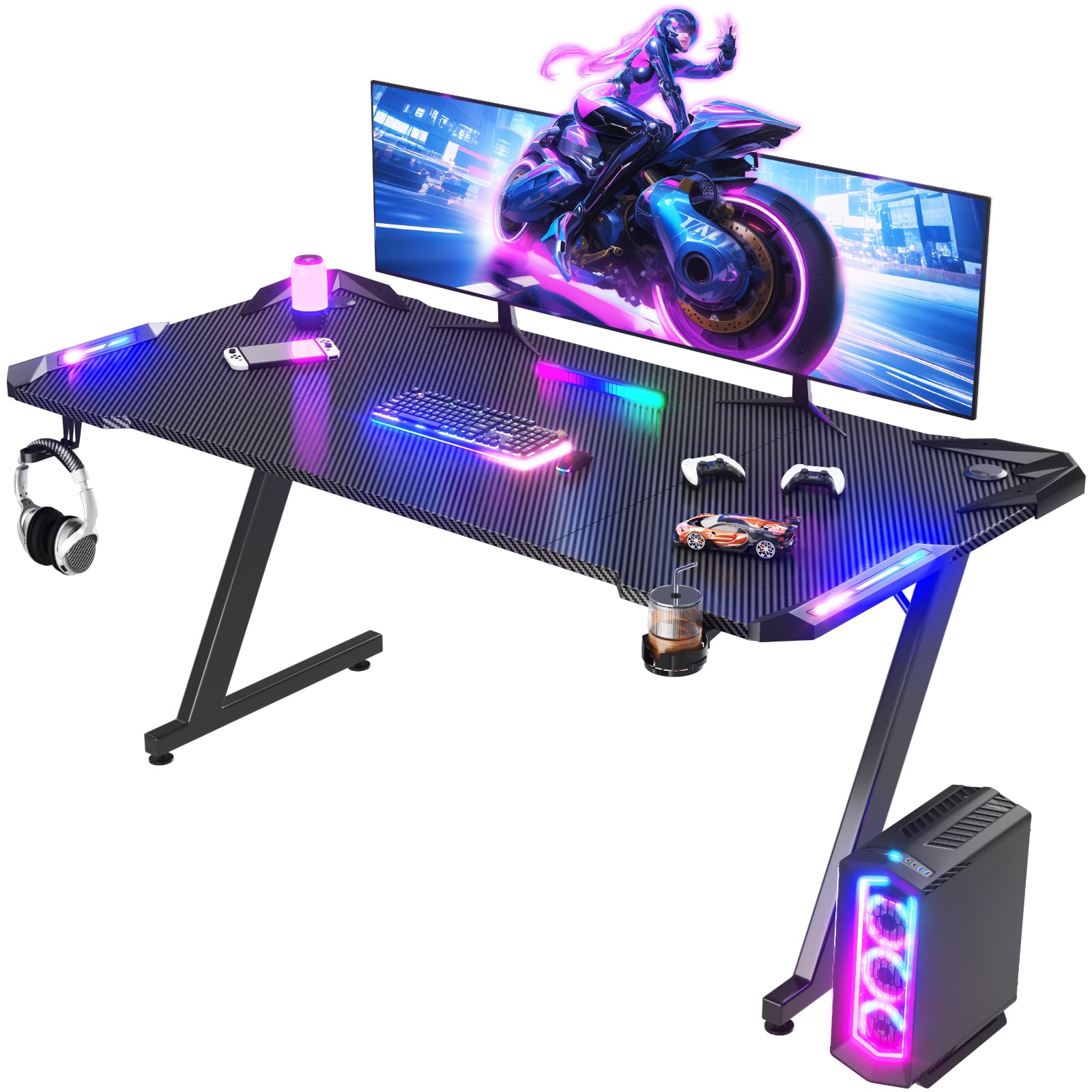 Scrivania Gaming LED 160x60 cm - Tavolo Gaming Ergonomico con Ganci per Cuffie e Piano in Fibra di Carbonio Nero, Scrivania per Computer Illuminazione RGB Regolabile, per Setup Gamer Professionale