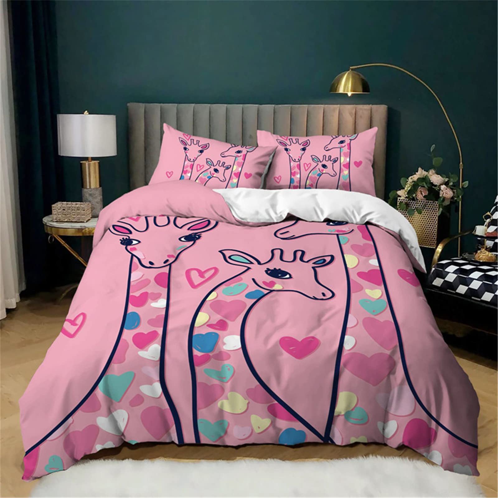 Mateju Men's Pink Heart Duvet Cover Set 3 Piece For Single Double Super King Size Bed, 3D Giraffe Printed Bedding Set Microfibre Bed Set With Quilt Case And Pillowcases 50X75cm (,135X200cm)