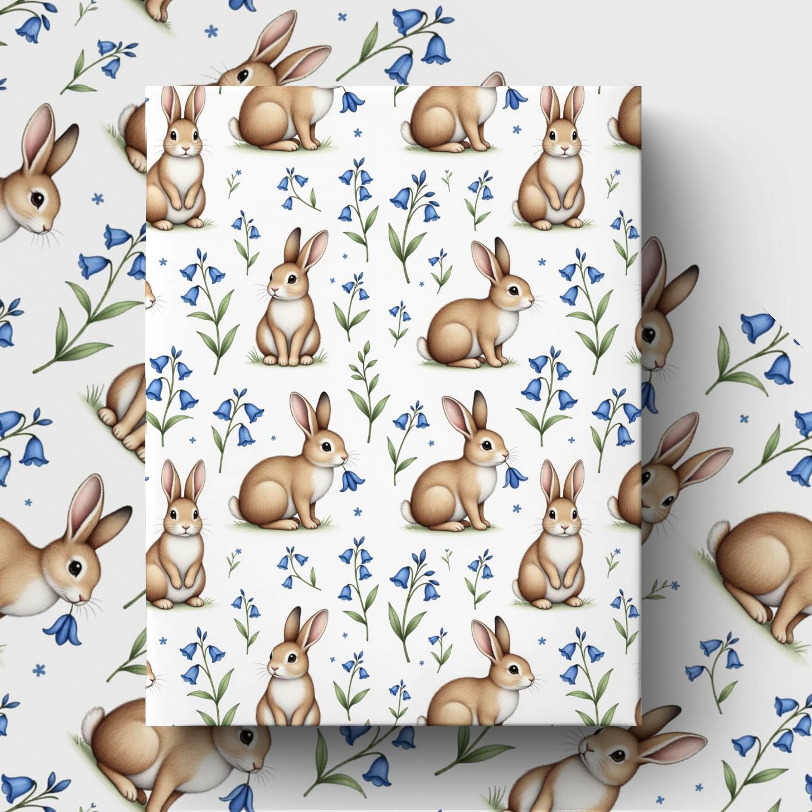 GleeWrap Rabbit Wrapping Paper – 4 Sheets 50×70cm, Premium Cute Bunny Bluebell Blue Flower Gift Wrap for Birthday, Spring, Easter,Baby Shower& Special Occasions