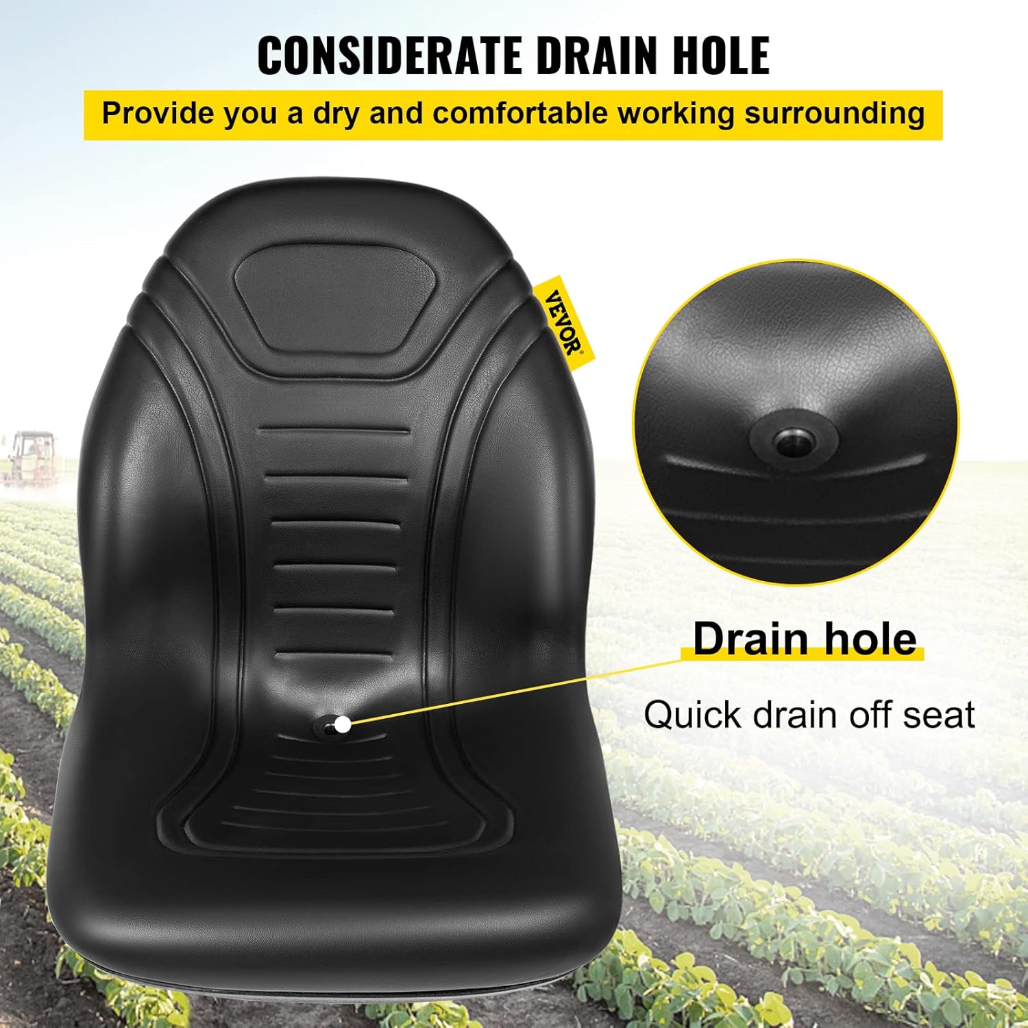 VEVOR Universal Tractor Seat Replacement 2 Pcs Compact High Back Mower Seat, Black Vinyl Forklift Seat, Central Drain Hole Skid Steer Seat with Mounting Bolt Patterns of 8" x 11.5" & 11.25" x 11.5"
