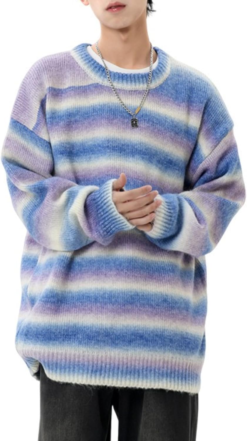 POHADON Men's Oversized Color Block Striped Knitted Sweater Fall Winter Fuzzy Crewneck Pullover Tops Trendy Y2k Clothes