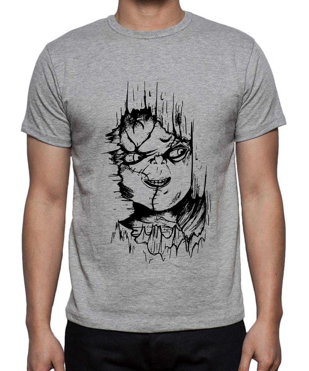 CaseriaMen's Round Neck Cotton Half Sleeved T-Shirt with Printed Graphics - Chucky Wood Look (Grey, SM)