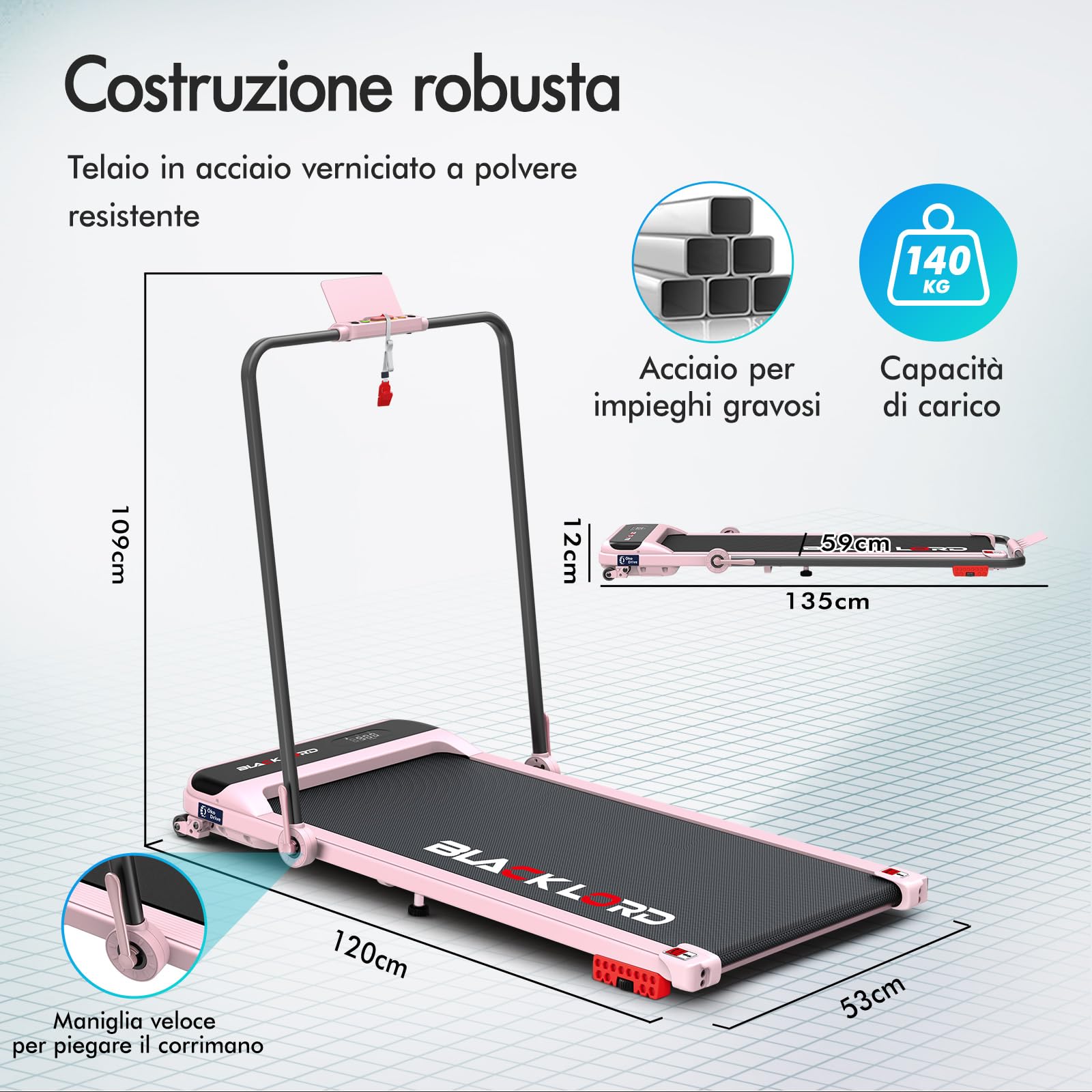 BLACK LORD Tapis roulant, 4-in-1 Walking pad 12/16 km/h, Tappetino da corsa con/senza inclinazione del 9%, Sotto la scrivania, Portatile, Silenzioso, Display LED, App, Capacità di carico 140 kg