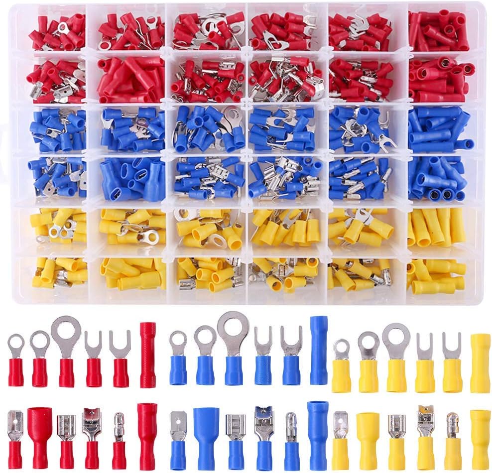Glarks 540pcs 22-16/16-14/12-10 Gauge Mixed Quick Disconnect Electrical Insulated Butt Bullet Spade Fork Ring Solderless Crimp Terminals Connectors Assortment Kit