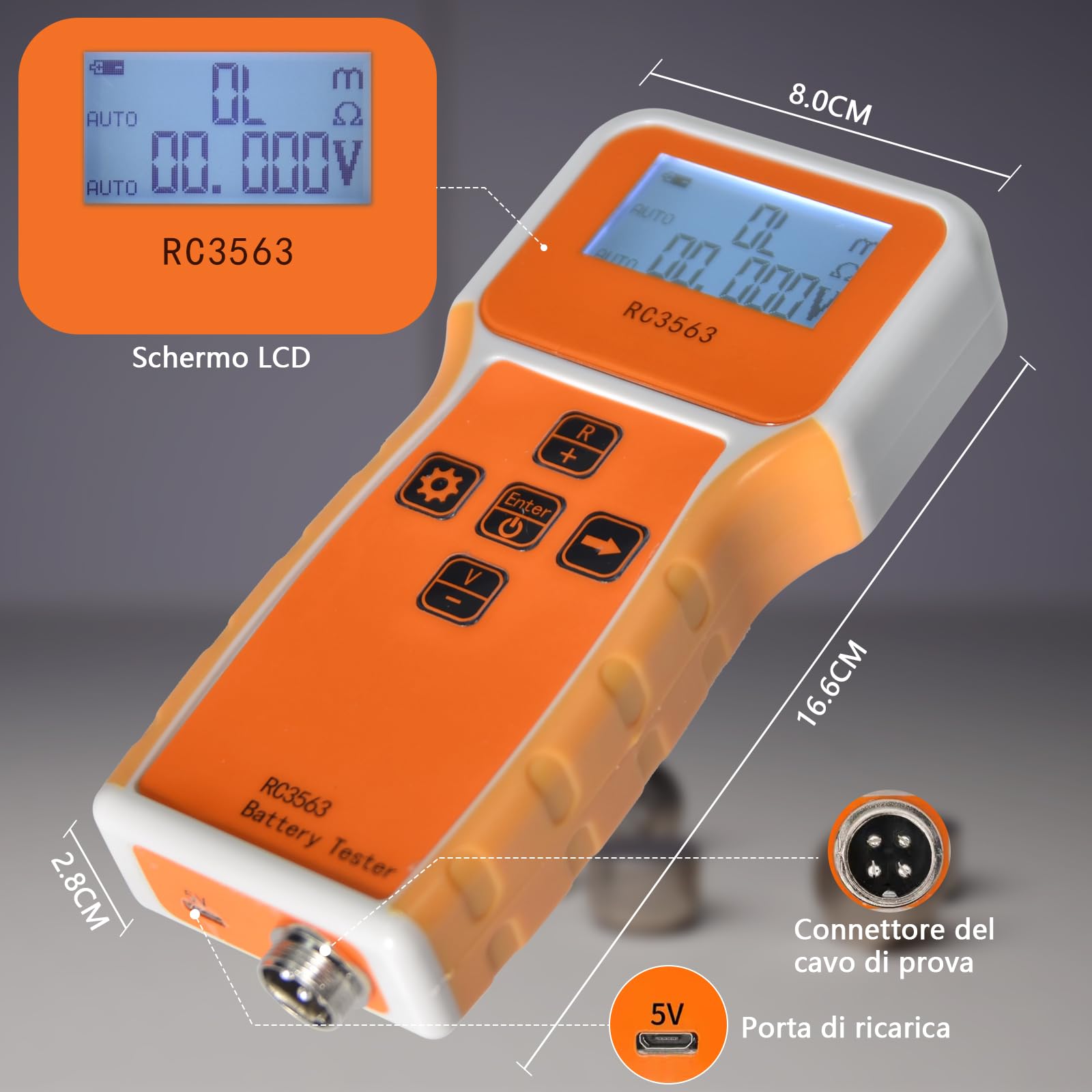 Tester di Resistenza Interna Batteria 1uΩ~200Ω/0~±100VDC, Misuratore Tensione e Resistenza Interna per Acido al Piombo, Ioni Litio, Fosfato Ferro Litio