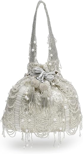 Anekaant Droop Striped Embellished Faux Silk Potli