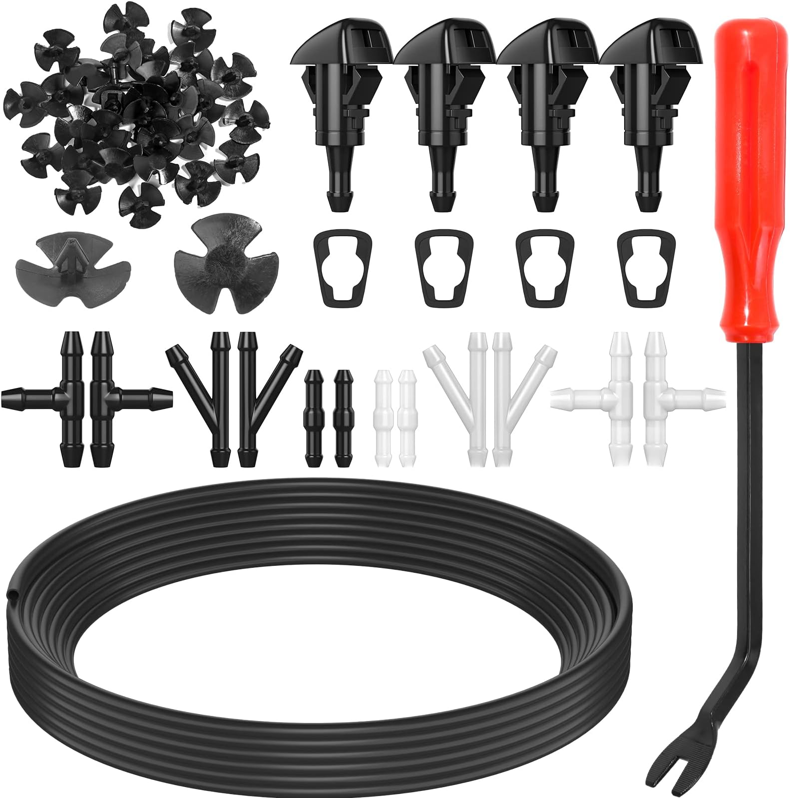 52 in 1 Windshield Washer Nozzles Kit, Replacement for Chrysler, Dodge, Jeep, Ram - 4 Sprayer Nozzles, 157 Inch Fluid Hose, 12 Hose Connectors, 30 Hood Retainers